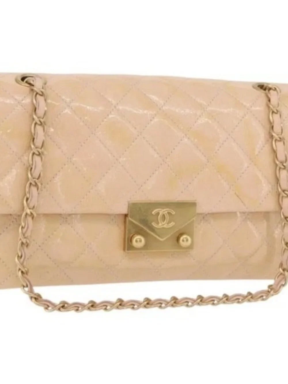 CHANEL Matelasse Chain Shoulder Bag Patent leather Beige Gold CC Auth 179868A